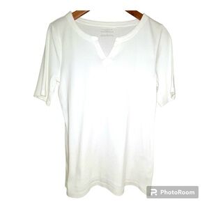 Talbots white 100% cotton split scoop neck elbow-length sleeve top size M